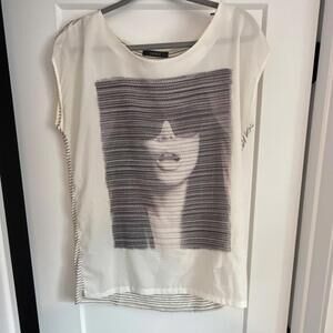 Esprit Women's Graphic Print Striped Sheer Boat Neck Sleeveless Pullover T-Shirt